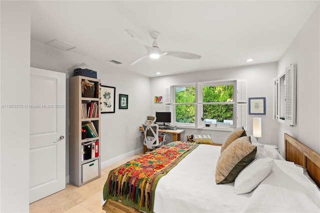 6809 Mentone St, Coral Gables, FL 33146 - bedroom featuring light tile patterned flooring, ceiling fan, and recessed lighting