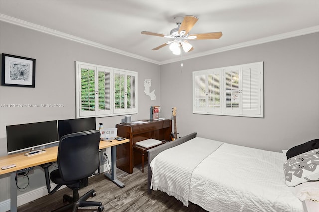 6809 Mentone St, Coral Gables, FL 33146 - bedroom with wood finished floors, crown molding, a desk, and ceiling fan