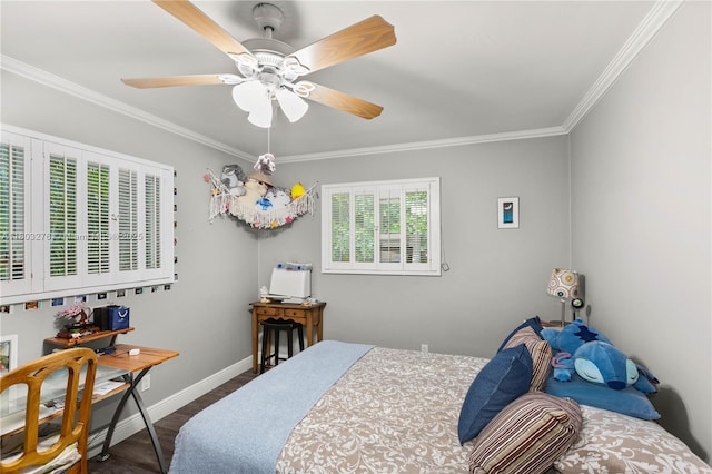 6809 Mentone St, Coral Gables, FL 33146 - bedroom with crown molding, baseboards, ceiling fan, and wood finished floors