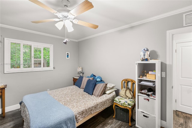 6809 Mentone St, Coral Gables, FL 33146 - bedroom with wood finished floors, ornamental molding, baseboards, and a ceiling fan