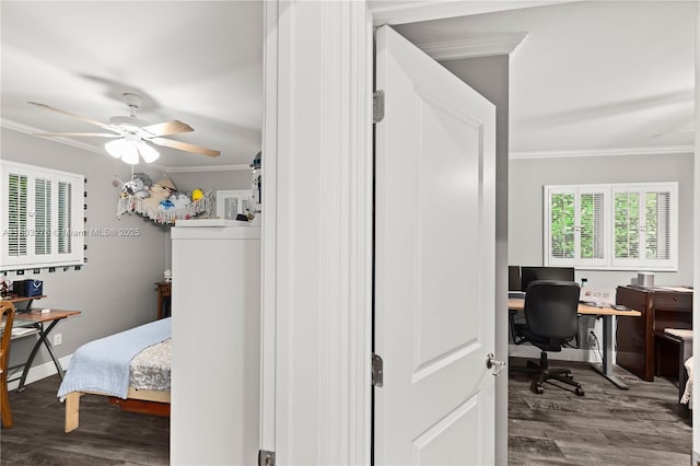 6809 Mentone St, Coral Gables, FL 33146 - bedroom featuring wood finished floors, ornamental molding, a desk, baseboards, and a ceiling fan