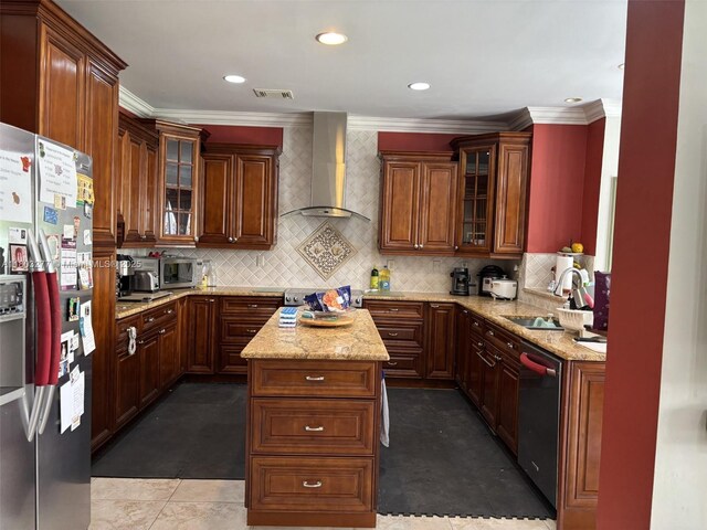 14737 SW 132nd Ct, Miami, FL 33186 - kitchen with stainless steel fridge with ice dispenser, wall chimney exhaust hood, a sink, dishwasher, and crown molding