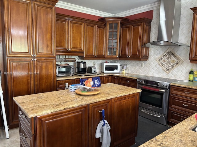 14737 SW 132nd Ct, Miami, FL 33186 - kitchen with wall chimney exhaust hood, electric stove, light stone counters, a kitchen island, and backsplash
