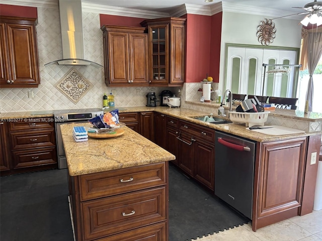 14737 SW 132nd Ct, Miami, FL 33186 - kitchen featuring dishwasher, wall chimney range hood, a sink, stainless steel range with electric stovetop, and a kitchen island