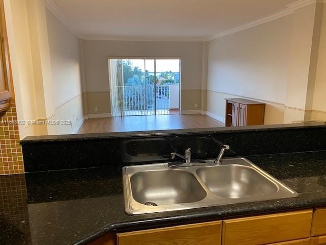 1455 N Treasure Dr Unit 4N, North Bay Village, FL 33141 - kitchen view of a sink, ornamental molding, baseboards, and dark stone countertops