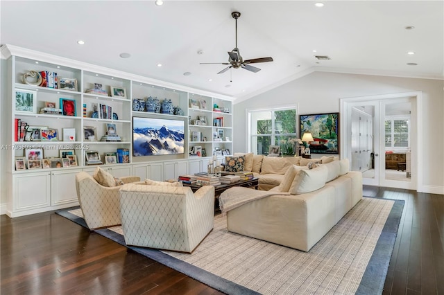 living room with ceiling fan, dark wood-type flooring, vaulted ceiling, crown molding, and recessed lighting