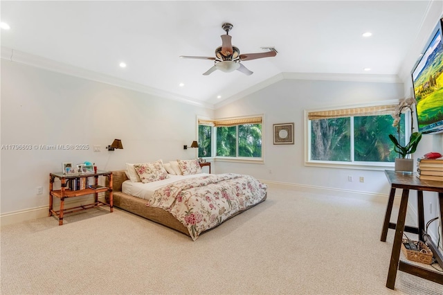 carpeted bedroom featuring ornamental molding, recessed lighting, baseboards, lofted ceiling, and a ceiling fan