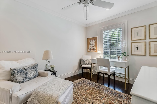 bedroom with baseboards, dark wood finished floors, crown molding, and a ceiling fan