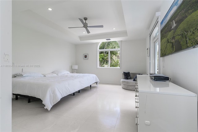 5978 Alton Rd, Miami Beach, FL 33140 - bedroom featuring a tray ceiling, recessed lighting, and a ceiling fan