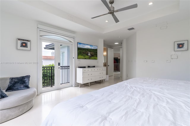 5978 Alton Rd, Miami Beach, FL 33140 - bedroom with access to outside, recessed lighting, a tray ceiling, a ceiling fan, and tile patterned flooring