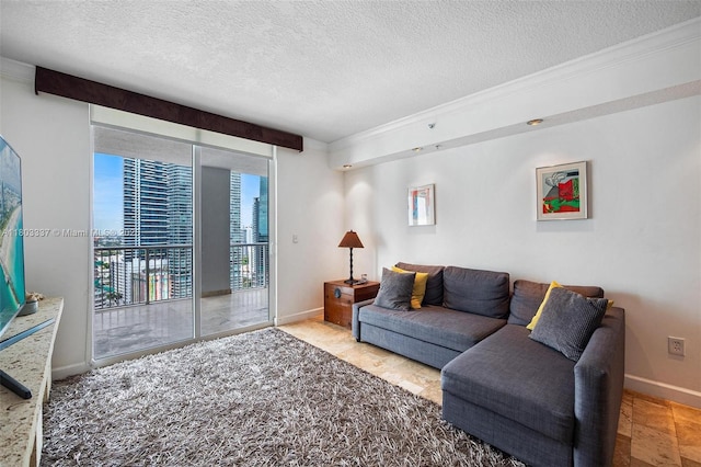 170 SE 14th St Unit 2805, Miami, FL 33131 - living room featuring a textured ceiling, baseboards, crown molding, and a city view