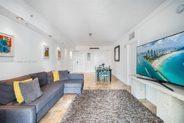 170 SE 14th St Unit 2805, Miami, FL 33131 - living room with ornamental molding, stone tile flooring, and a textured ceiling