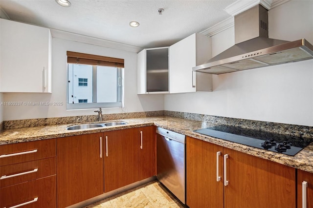 170 SE 14th St Unit 2805, Miami, FL 33131 - kitchen featuring wall chimney range hood, black electric stovetop, dishwasher, a sink, and brown cabinetry