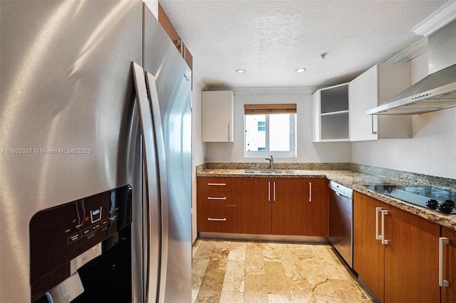 170 SE 14th St Unit 2805, Miami, FL 33131 - kitchen with appliances with stainless steel finishes, a sink, wall chimney exhaust hood, brown cabinets, and a textured ceiling