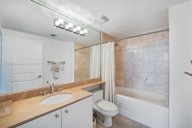 170 SE 14th St Unit 2805, Miami, FL 33131 - bathroom with a textured ceiling, tile patterned floors, toilet, shower / bath combination with curtain, and vanity