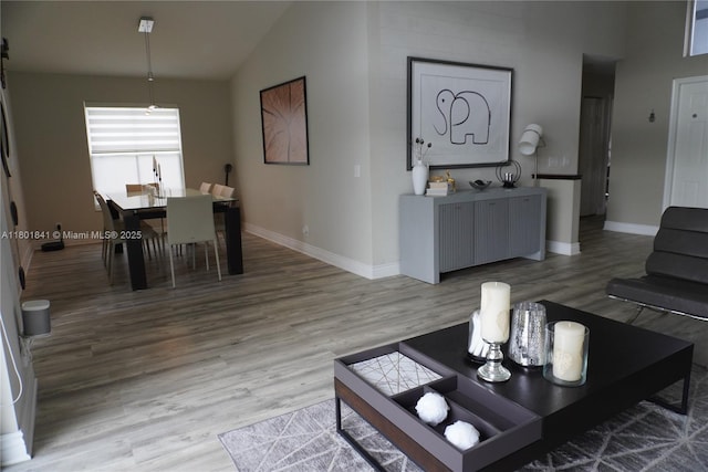 1132 Cedar Falls Dr, Weston, FL 33327 - living room with wood finished floors, baseboards, and high vaulted ceiling