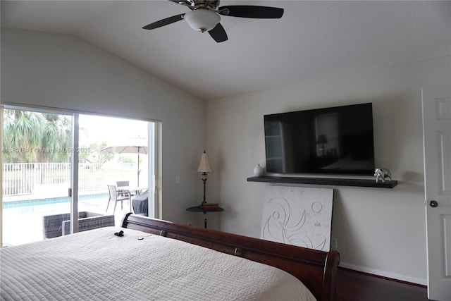 1132 Cedar Falls Dr, Weston, FL 33327 - bedroom featuring access to outside, vaulted ceiling, wood finished floors, a ceiling fan, and baseboards