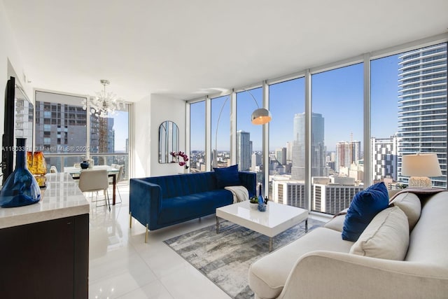 485 Brickell Ave Unit 3504, Miami, FL 33131 - living room with a chandelier, light tile patterned floors, a skyline view, and floor to ceiling windows