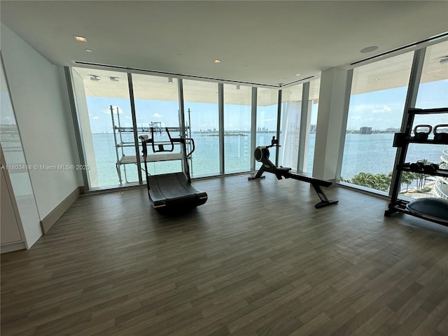 700 NE 26th Ter Unit 903, Miami, FL 33137 - exercise room featuring expansive windows, dark wood-type flooring, and a water view