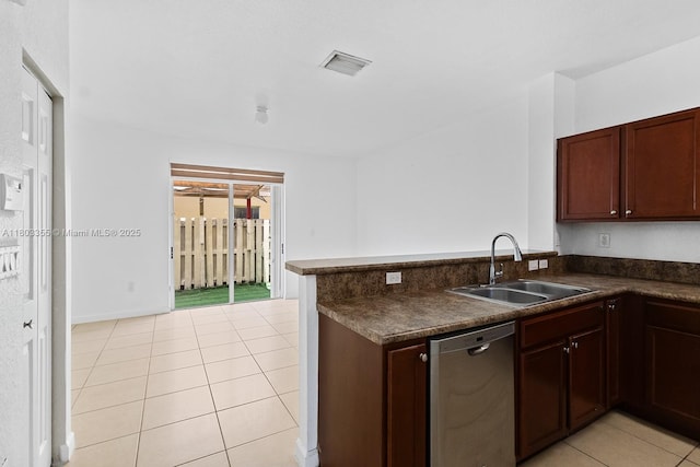 9153 SW 227th St Unit 3, Cutler Bay, FL 33190 - kitchen featuring stainless steel dishwasher, dark countertops, a sink, light tile patterned floors, and a peninsula
