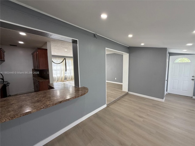 1345 NE 199th St, Miami, FL 33179 - kitchen featuring light wood-style flooring, recessed lighting, baseboards, and dark countertops