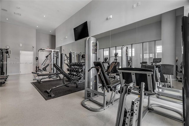 6620 Indian Creek Dr Unit 619, Miami Beach, FL 33141 - workout area with a high ceiling and baseboards