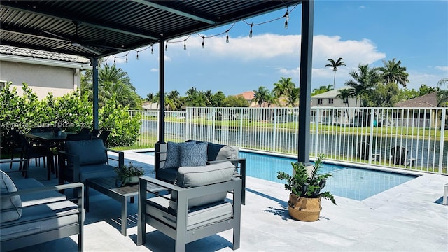 1192 Chinaberry Dr, Weston, FL 33327 - view of pool featuring outdoor lounge area, a patio area, a water view, and fence