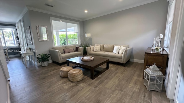 1192 Chinaberry Dr, Weston, FL 33327 - living room with baseboards, wood finished floors, crown molding, healthy amount of natural light, and recessed lighting