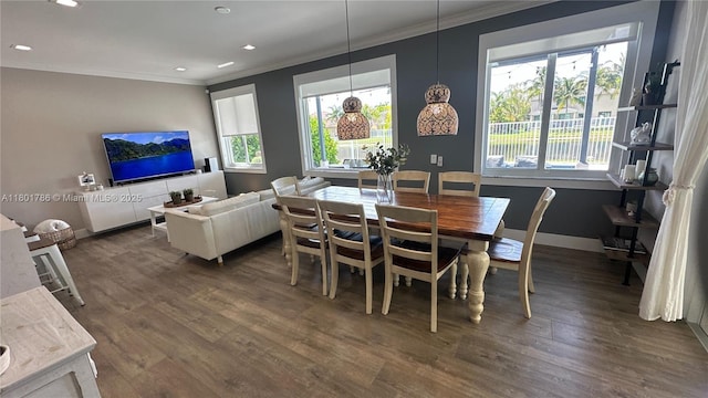 1192 Chinaberry Dr, Weston, FL 33327 - dining space featuring crown molding, dark wood-style floors, recessed lighting, and baseboards