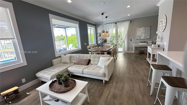 1192 Chinaberry Dr, Weston, FL 33327 - living room with ornamental molding, dark wood-type flooring, baseboards, and recessed lighting