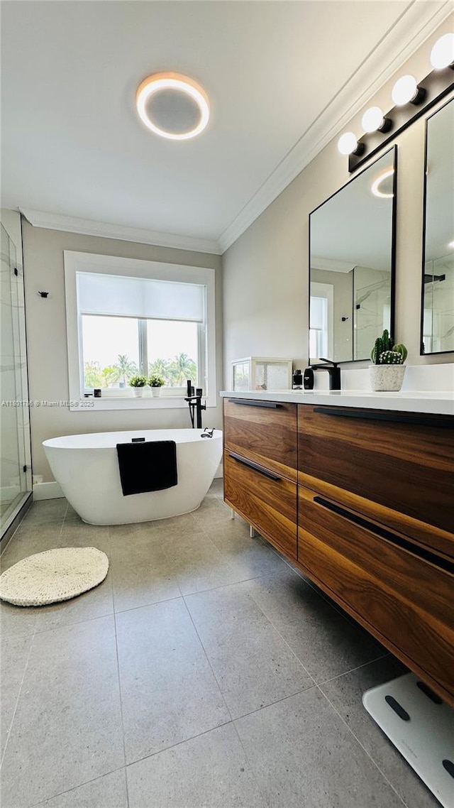 1192 Chinaberry Dr, Weston, FL 33327 - bathroom featuring crown molding, vanity, a freestanding bath, and a shower stall