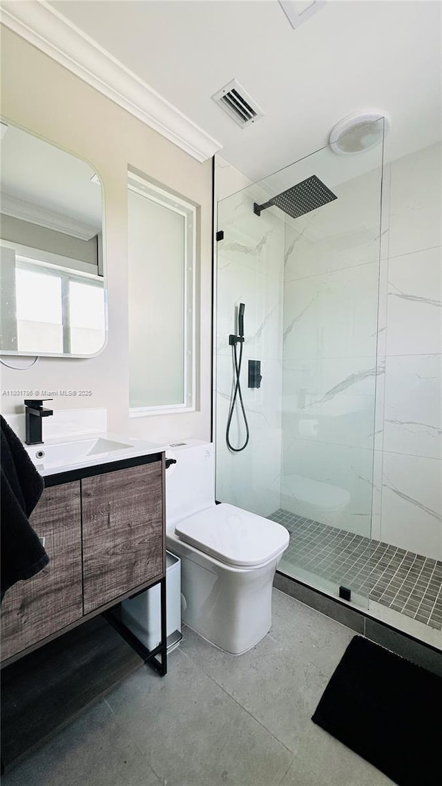 1192 Chinaberry Dr, Weston, FL 33327 - full bathroom with crown molding, toilet, a walk in shower, and vanity