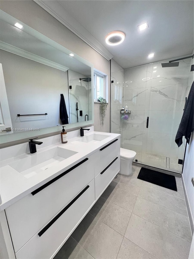 1192 Chinaberry Dr, Weston, FL 33327 - full bath with ornamental molding, toilet, double vanity, a stall shower, and recessed lighting
