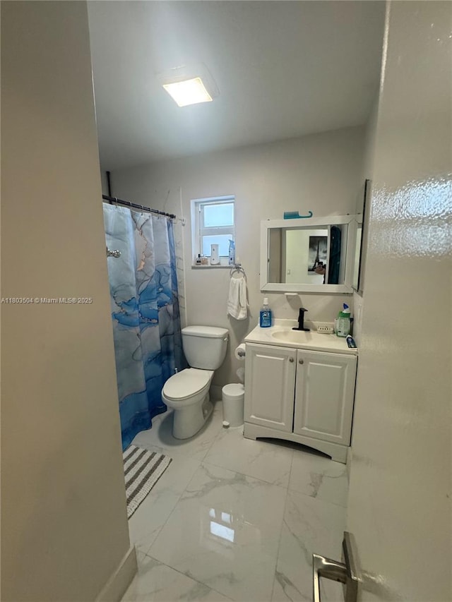 19321 NW 83rd Ave, Hialeah, FL 33015 - bathroom with toilet, vanity, marble look tile flooring, and a shower with curtain