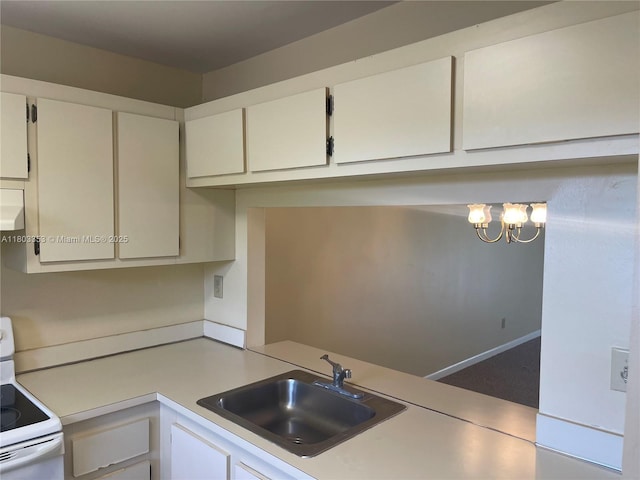 1124 NW 106th Ter Unit 202, Pembroke Pines, FL 33026 - kitchen featuring electric range, a sink, light countertops, range hood, and a chandelier