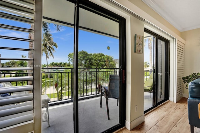 2679 S Ocean Blvd Unit 2B, Boca Raton, FL 33432 - doorway featuring light wood finished floors, ornamental molding, and baseboards