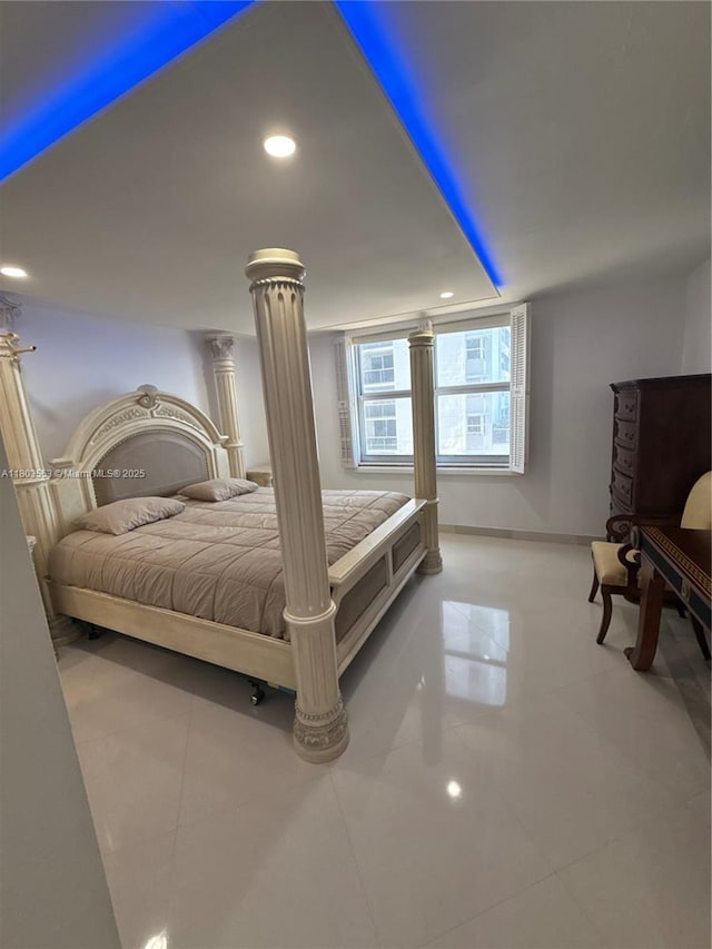1912 S Ocean Dr Unit 3D, Hallandale Beach, FL 33009 - tiled bedroom featuring recessed lighting and decorative columns