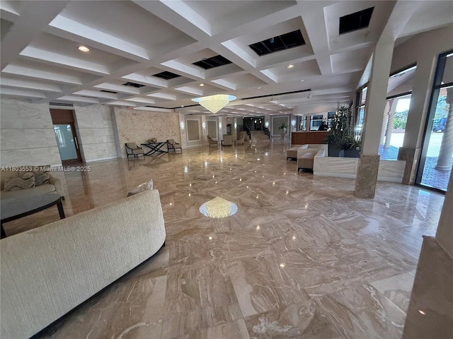 1912 S Ocean Dr Unit 3D, Hallandale Beach, FL 33009 - building lobby with coffered ceiling, beam ceiling, and recessed lighting