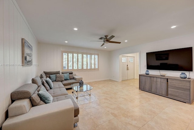 932 Polk St, Hollywood, FL 33019 - living area featuring a ceiling fan, recessed lighting, and light tile patterned floors