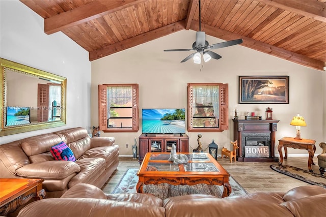 living area featuring wood finished floors, wooden ceiling, ceiling fan, baseboards, and a glass covered fireplace