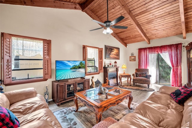 living room with wooden ceiling, wood finished floors, a fireplace, ceiling fan, and baseboards