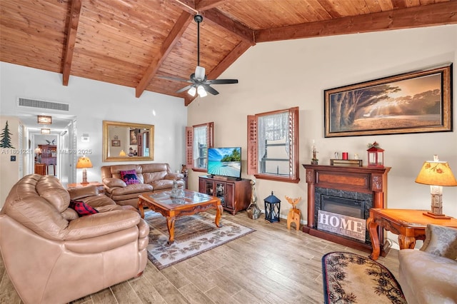 living area featuring wooden ceiling, wood finished floors, a fireplace, and ceiling fan