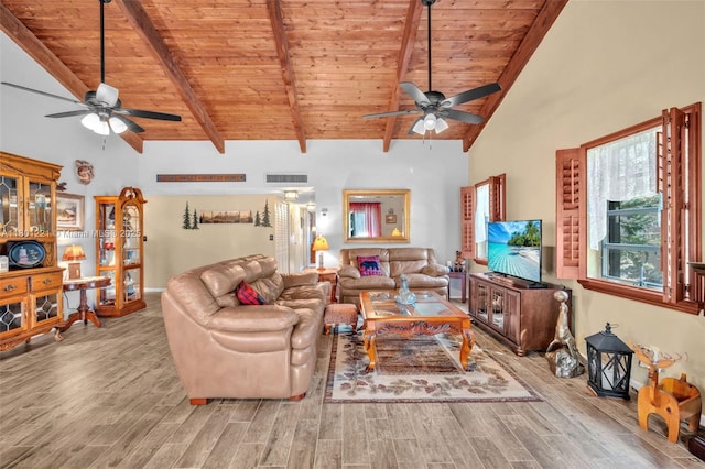 living room featuring a ceiling fan, wooden ceiling, wood finished floors, beam ceiling, and high vaulted ceiling
