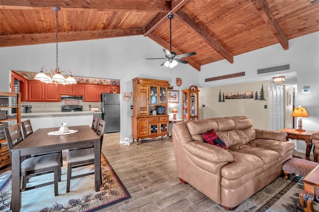 living room featuring wood ceiling, ceiling fan, light wood-style flooring, beam ceiling, and high vaulted ceiling