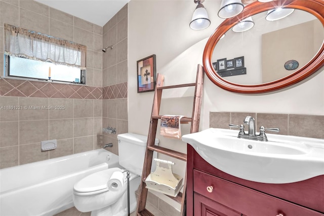 full bathroom with shower / tub combination, toilet, and vanity