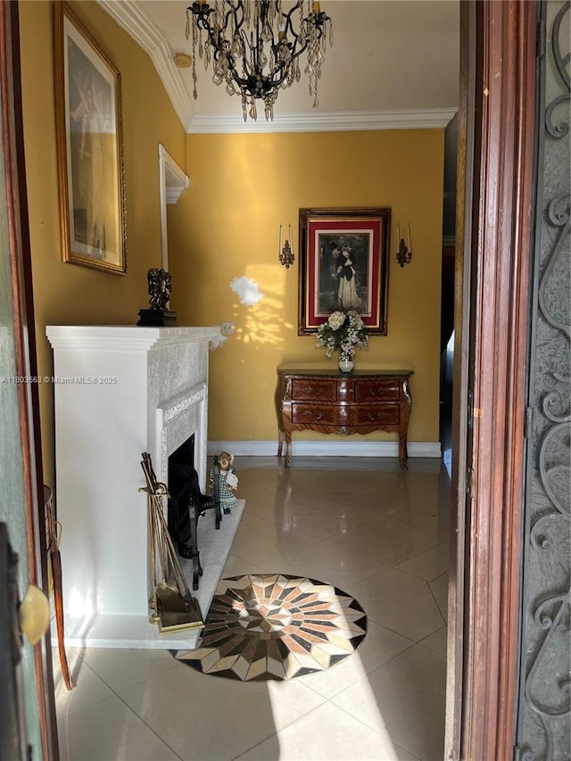 1900 SW 141st Ave, Miami, FL 33175 - tiled foyer featuring crown molding, a fireplace with raised hearth, a chandelier, and baseboards