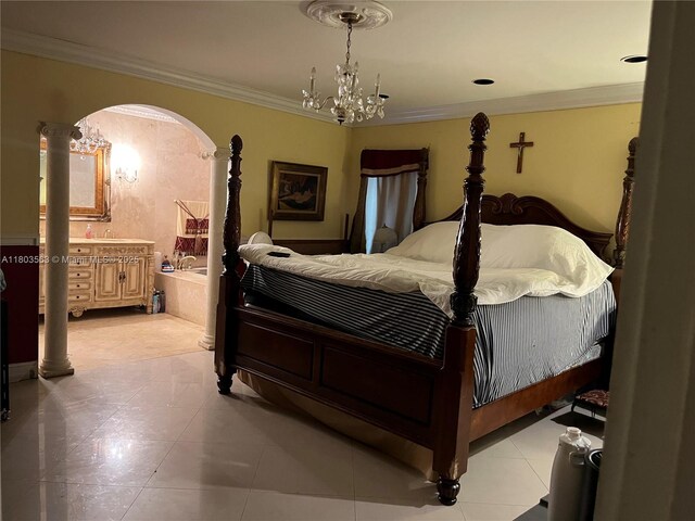 1900 SW 141st Ave, Miami, FL 33175 - bedroom featuring ornamental molding, arched walkways, light tile patterned floors, and a chandelier