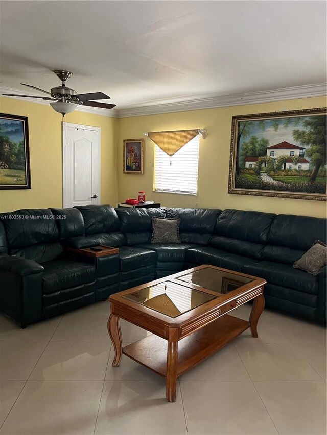 1900 SW 141st Ave, Miami, FL 33175 - living area with crown molding, light tile patterned floors, and ceiling fan