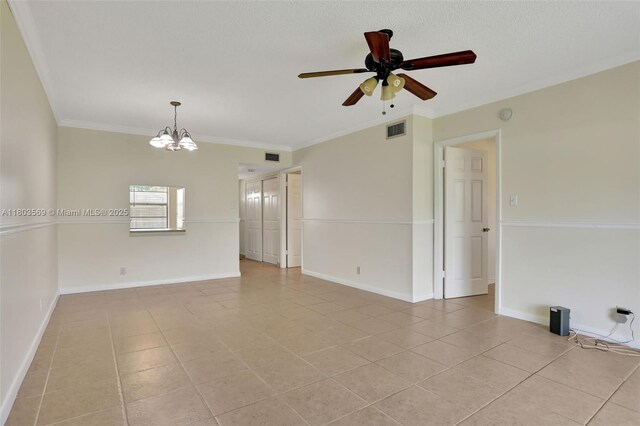 551 NW 80th Ter Unit 203, Margate, FL 33063 - unfurnished room featuring light tile patterned flooring, ceiling fan, crown molding, baseboards, and a chandelier