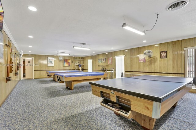551 NW 80th Ter Unit 203, Margate, FL 33063 - rec room with carpet floors, pool table, recessed lighting, ornamental molding, and wooden walls